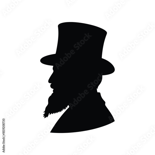 A gentleman's silhouette profile featuring a top hat and beard in vintage style illustration