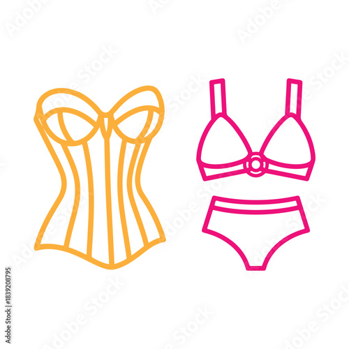 This illustration features two elegant lingerie designs. On the left is a corset with structured lines in a warm orange tone, showcasing a classic, vintage-inspired style. On the right, 