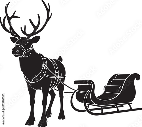 Black silhouette reindeer wearing harness attached to sleigh