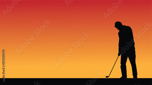 Man Playing Golf Silhouette in Sunrise. Sports and leisure, people outdoor activities vector art