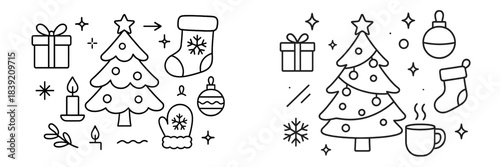 Different Christmas decorations showing gifts, trees, stockings, and other holiday items with line art style