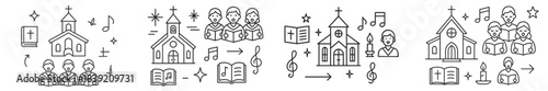 Symbols of church activities and community gatherings during worship hours in a simple illustration