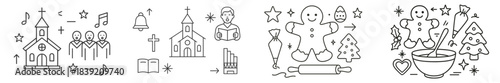 Icons of holiday traditions showing activities from church services to baking cookies during the festive season