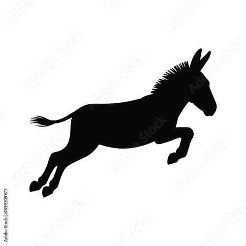 A black silhouette of a donkey leaping through the air on a white background