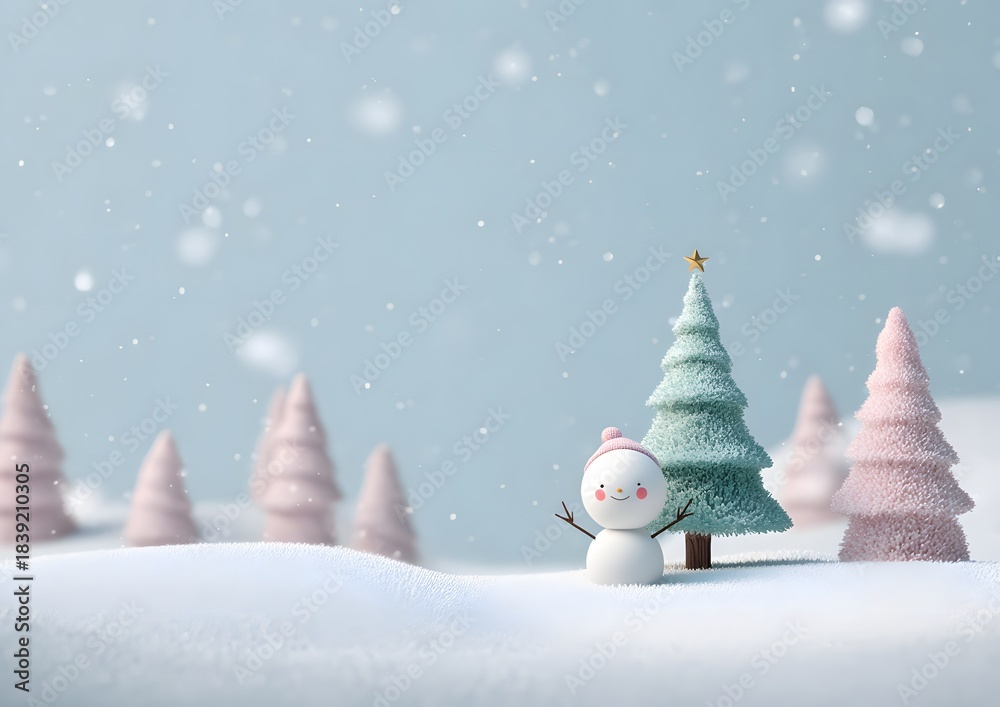 Obraz premium Airy 3D pastel winter scene with tiny Christmas tree and smiling snowman arms raised, gentle snowfall, blank central space