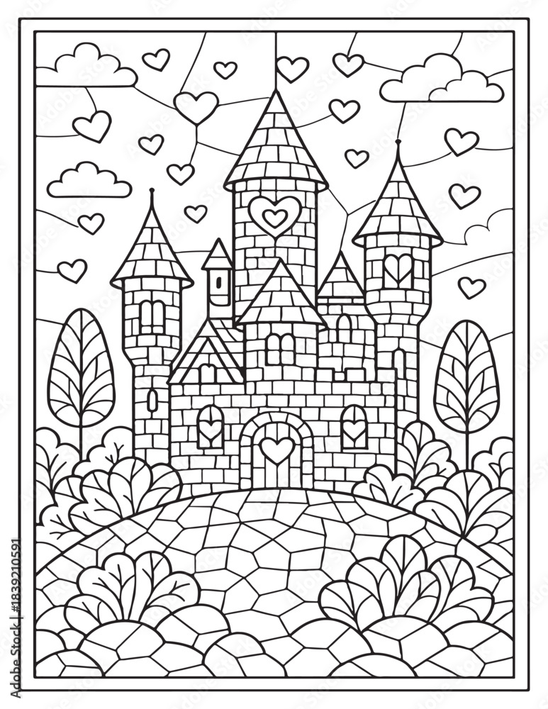 Obraz premium Whimsical castle coloring page with hearts and trees for kids