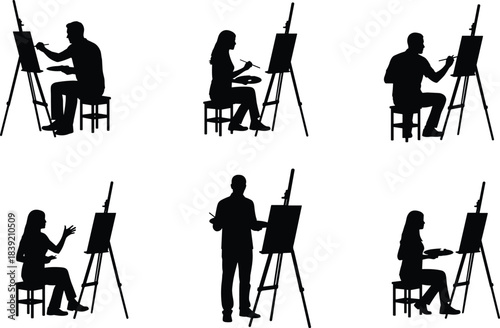 Artist silhouette, painting on canvas, easel setup, creative posture, art studio, brush and palette, sitting, standing, vector illustration
