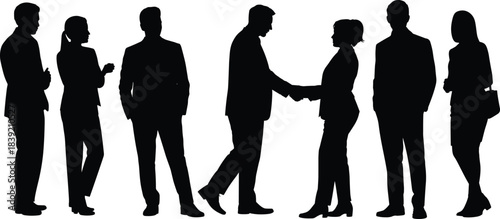 Business handshake, corporate team, professional group, formal attire, teamwork, agreement, collaboration, unity, networking, leadership, vector illustration