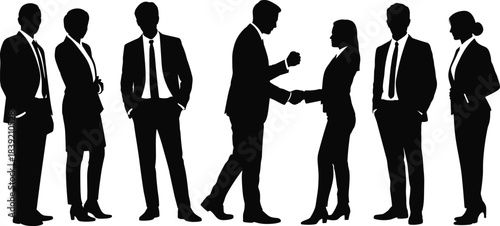 Business silhouette, handshake scene, corporate team, professional attire, teamwork, networking, leadership, collaboration, unity, agreement, vector illustration