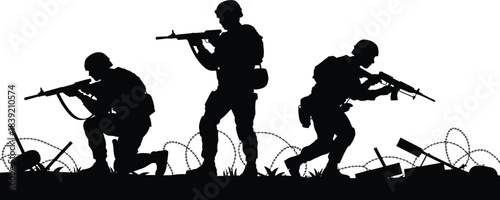 Combat soldier silhouette, battlefield action, tactical gear, rifle stance, war zone, military readiness, defense scene, vector illustration