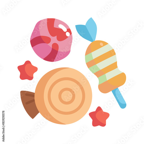 Colorful vector set of cartoon sweets and candies. Flat style lollipops, bonbons and stars isolated on white background