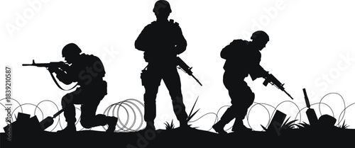 Combat soldier silhouette, battlefield stance, tactical gear, rifle posture, war zone, military action, defense terrain, vector illustration