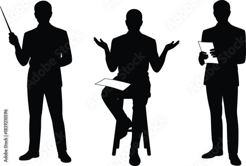 Communication silhouette, teaching pose, expressive gesture, reading paper, professional interaction, education scene, presentation, discussion, learning, vector illustration