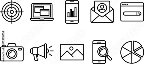 digital, marketing, communication, SEO, analytics, mobile, search, email, targeting, data, content, media, chart, laptop, smartphone, browser, photography, , pie, strategy - vector illustration
