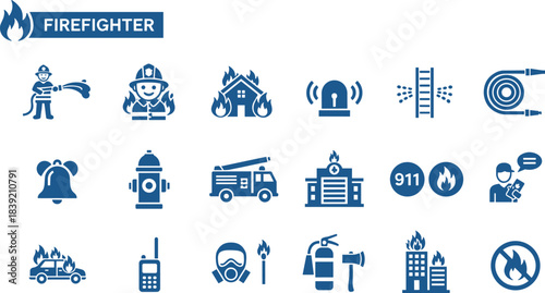 Firefighter icons, fire safety, emergency tools, fire truck, burning house, extinguisher, hydrant, alarm bell, rescue gear, vector illustration