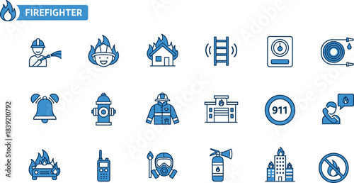 Firefighter icons, emergency symbols, fire safety, rescue tools, fire station, alarm bell, hydrant, extinguisher, burning house, vector illustration