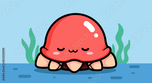 Adorable cartoon octopus with closed eyes, cute and friendly, underwater creature.