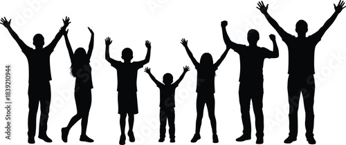 Group silhouette, people standing, raised arms, unity pose, family together, celebration moment, diverse figures, joyful gesture, vector illustration