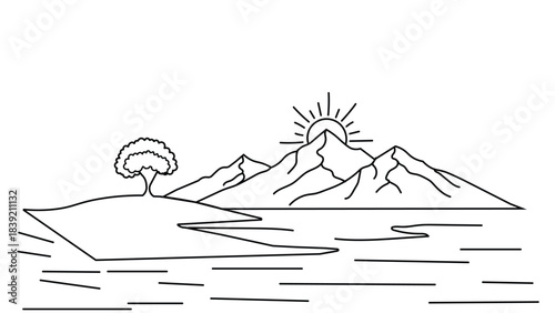 Minimalist line art drawing of mountains and sun rising over water.