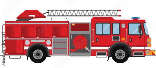 Red fire truck, emergency vehicle, firefighting equipment, ladder truck, rescue transport, fire hose, safety gear, fire engine, vector illustration