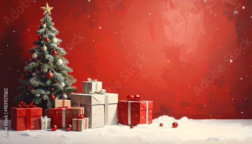 赤い背景に映えるツリーと贈り物の風景