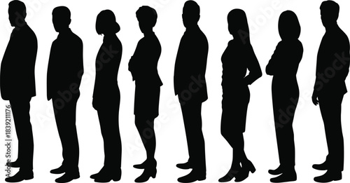 Silhouette group, diverse people, standing line, business attire, formal wear, mixed gender, teamwork, unity, diversity, vector illustration