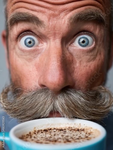 Surprised man enjoying a cup of coffee with a big mustache and bright blue eyes
