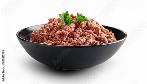 Cooked Minced Meat In Black Bowl Isolated On White Background Ground Beef Or Spicy Pork Filling For Tacos Pasta And Homemade Dishes