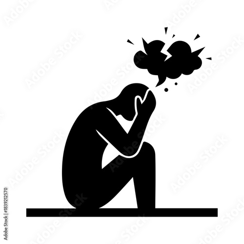 Black silhouette icon of a person sitting down, holding their head with a broken thought bubble, symbolizing severe stress, anxiety, depression, or mental burnout and crisis.