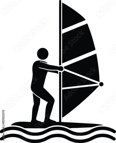 Black silhouette of person windsurfing on water waves illustrator vector