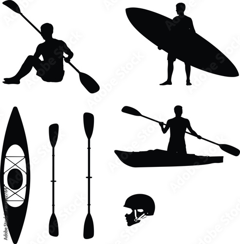 Black silhouettes of people kayaking surfing and water sports equipment illustrator vector