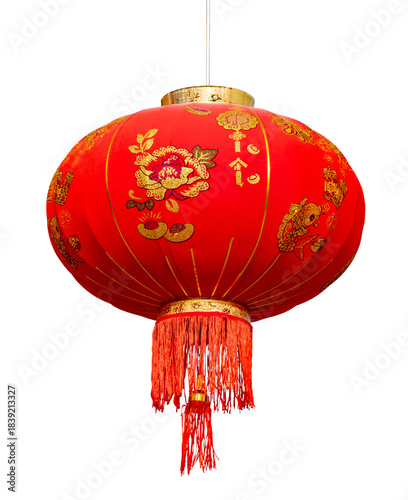 Red Chinese lantern with golden floral patterns and tassels isolated on trasparent background. Traditional decorative hanging lamp symbol for Lunar New Year festival, holiday and celebration. PNG file