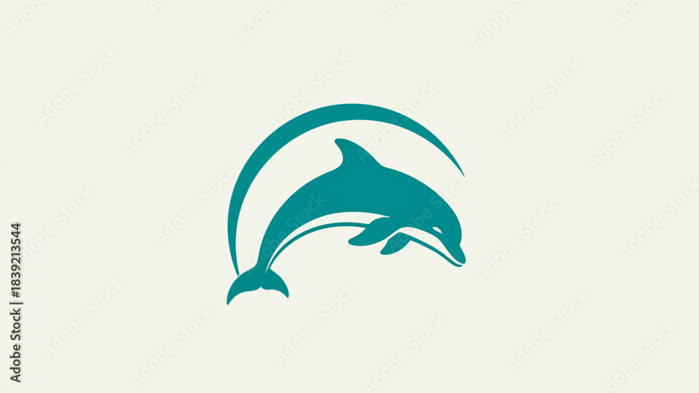 Obraz premium Vector illustration of teal dolphin jumping through water arch on white background.