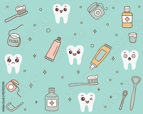  dental care vector illustration depicting happy teeth and dental hygiene items like toothbrushes, toothpaste, floss, and mouthwash. Ideal for health and dental themes.
