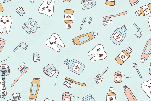 A seamless pattern featuring happy and sad teeth, along with oral hygiene items like toothbrushes, floss, and mouthwash. Perfect for promoting oral hygiene and oral health education.