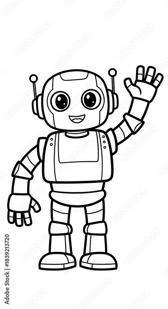 Obraz premium Cute cartoon robot waving - black and white outline drawing for coloring page
