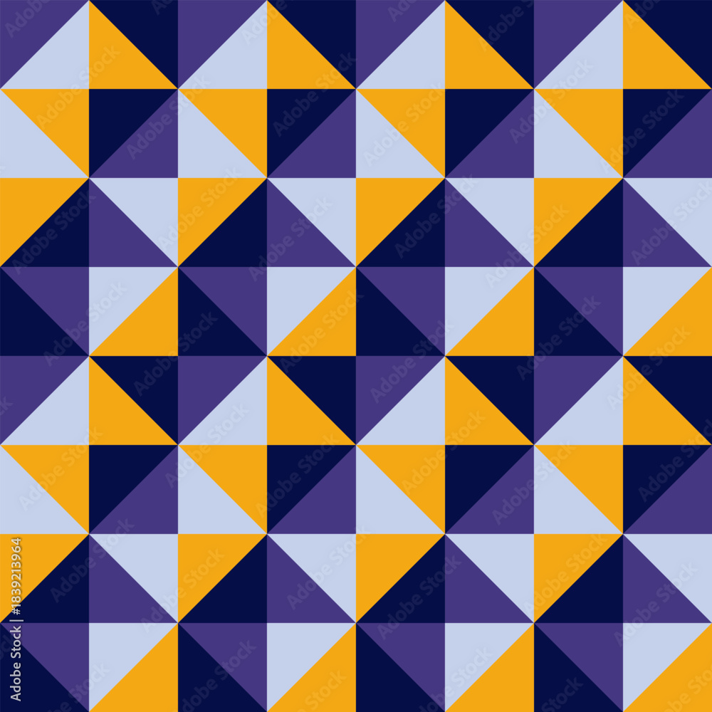 Fototapeta premium Seamless geometric pattern of triangles in bright yellow, blue, and purple colors. Retro-futuristic mosaic texture. Eps 10