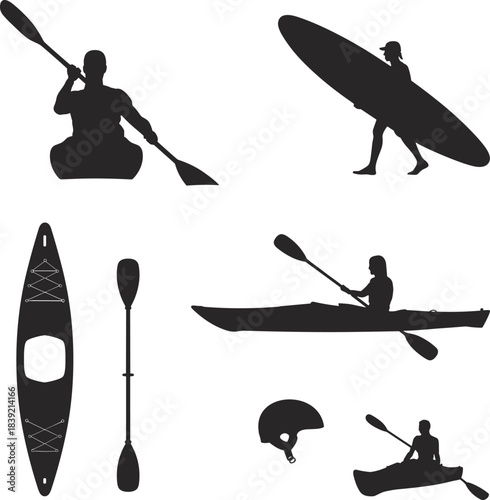 Kayaking and Paddleboarding Silhouettes with Equipment illustrator vector