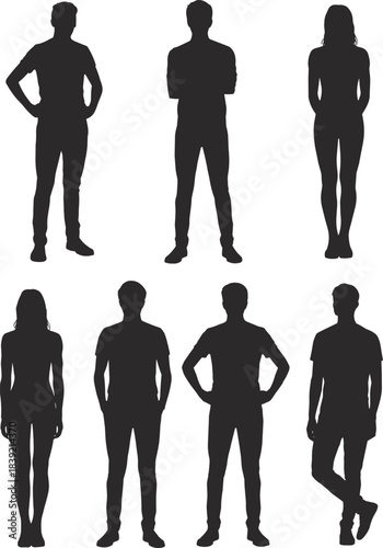 Seven Black Silhouettes of People Standing woman illustrator vector