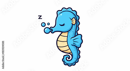 Cute cartoon seahorse sleeping peacefully with closed eyes, breathing bubbles gently.