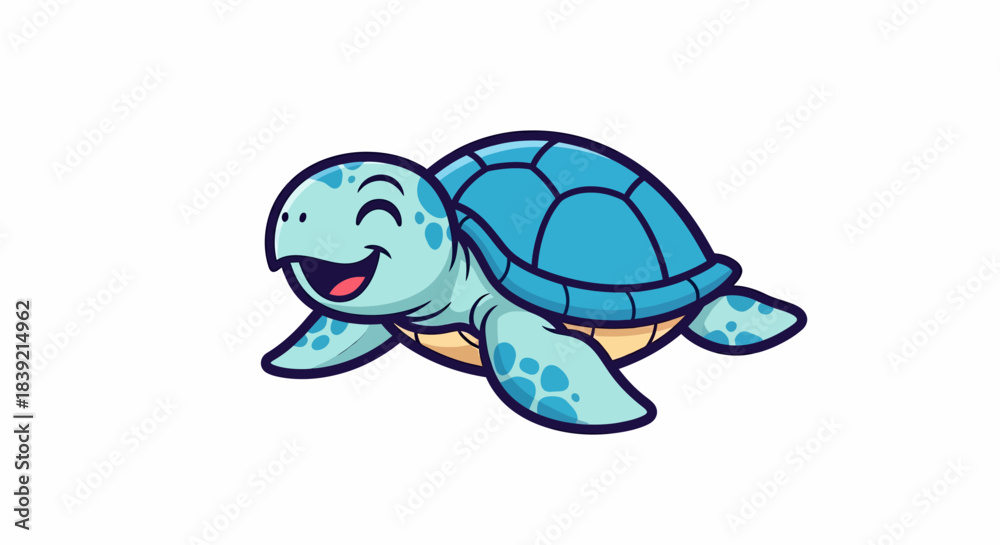 Fototapeta premium Happy cartoon sea turtle swimming with a big smile on its face.