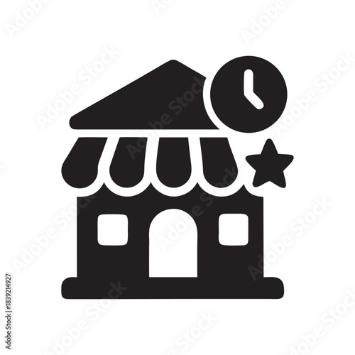 Restaurant building icon with clock and star black and white vector illustration