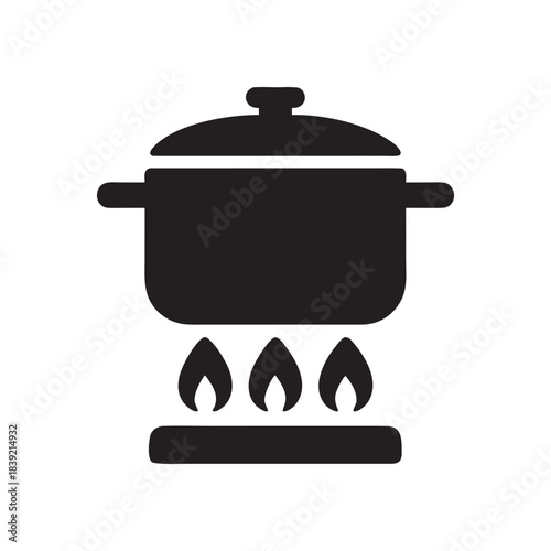 Black and white restaurant pot cooking on gas stove flame icon vector illustration