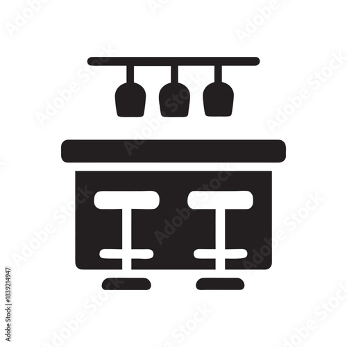 Black and white restaurant bar counter with stools and hanging lights vector icon