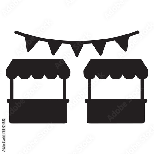 Black and white restaurant market stalls with canopy awnings and festive bunting vector icon