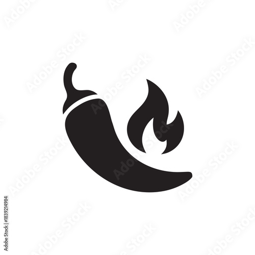 Black and white hot chili pepper with flame icon for spicy restaurant food and menu design