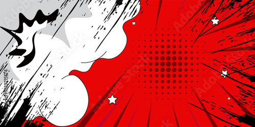Pop art comic background with cloud and star. Cartoon Vector Illustration on RED