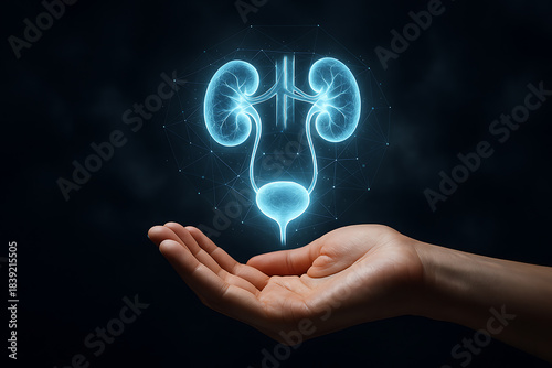 Hand holding glowing holographic kidneys and bladder symbolizing medical urology healthcare research treatment and nephrology science