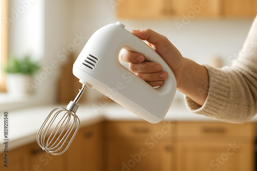 Hand holding white electric mixer in modern kitchen interior for cooking baking and culinary preparation with clean design tool