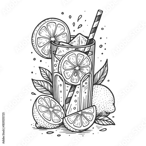 Refreshing Citrus Drink with Lemon and Orange Slices in Hand-Drawn Black and White Vector Style, Perfect for Beverage Branding, Menu Art, and Summer Design Themes